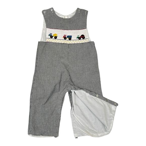 Cupcake Originals Smocked Construction Romper Boys 2T Black White Gingham Trucks - Picture 3 of 6